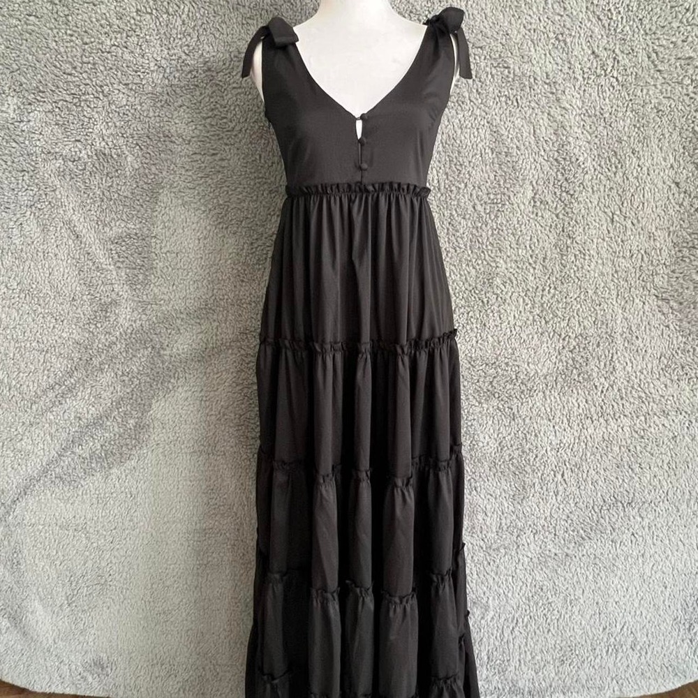 Black tiered, maxi dress tie straps dark cottage, core romantic size 4
